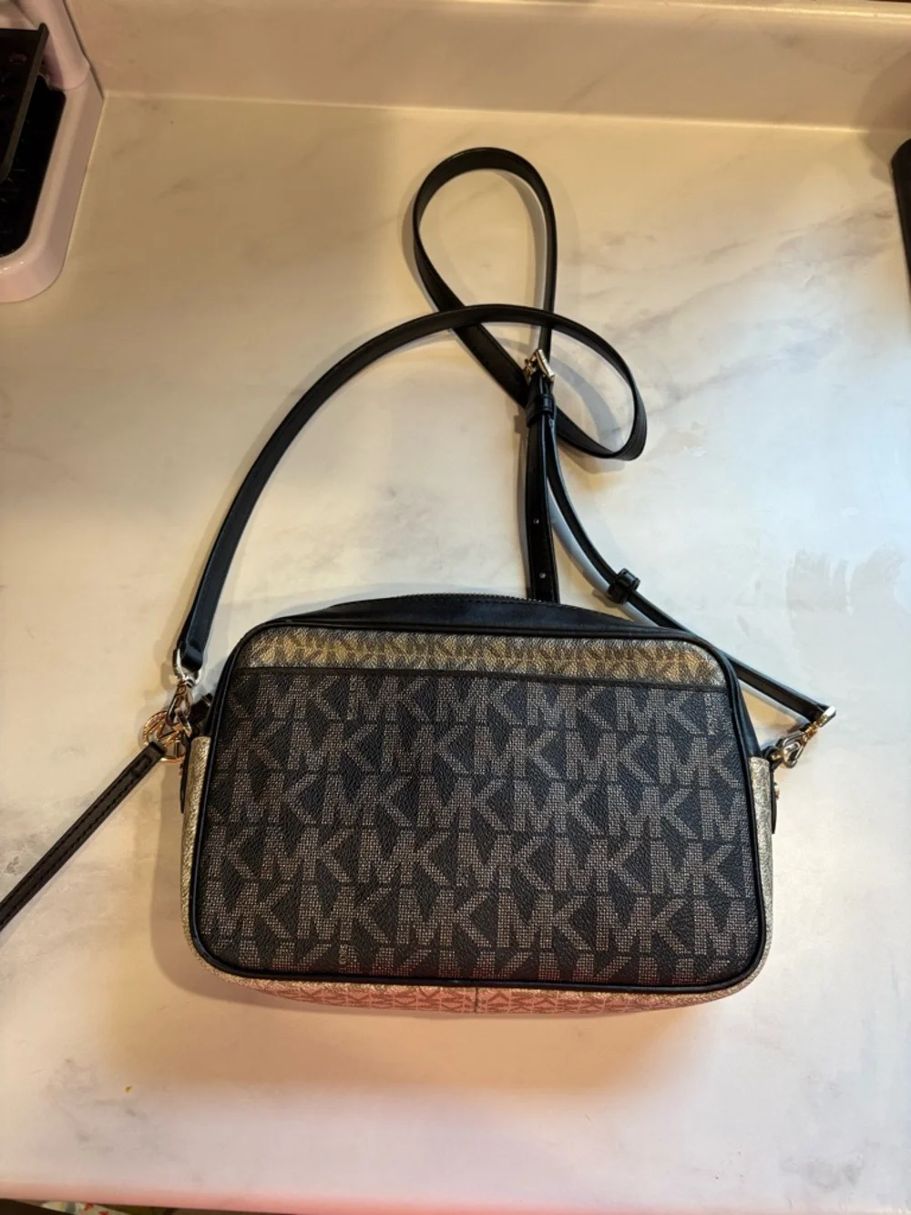 Michael Kors Brown/Gold and Black Signature MK Logo Crossbody Bag - Picture 2 of 12